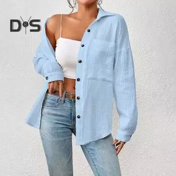 Женская повседневная рубашка с лацканами, длинным рукавом, на пуговицах, повседневный топ с накладным карманом, однотонная свободная блузка для работы и отдыха, повседневная одежда S розовый