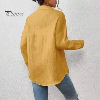 Женская повседневная рубашка с лацканами, длинным рукавом, на пуговицах, повседневный топ с накладным карманом, однотонная свободная блузка для работы и отдыха, повседневная одежда S белый