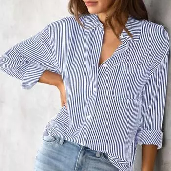 Женская повседневная рубашка с лацканами и длинным рукавом, нагрудный карман, рубашка, топы с принтом в вертикальную полоску S светло-синий