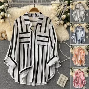 Женская повседневная рубашка с лацканами и длинным рукавом, рубашка в вертикальную полоску, однобортная рубашка свободного покроя, топы, уличная одежда L оранжевый