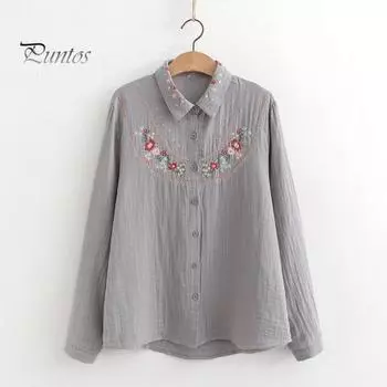 Женская повседневная рубашка с лацканами и длинным рукавом с вышитым цветочным узором, однобортная рубашка свободного покроя, топы M серый