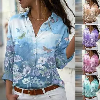 Женская повседневная рубашка с лацканами и длинным рукавом с цветочным принтом, однобортная рубашка, топы, свободная рубашка для отдыха, уличная одежда XL синий