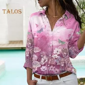 Женская повседневная рубашка с лацканами и длинным рукавом с цветочным принтом, топы, однобортная свободная рубашка для отдыха, уличная одежда XL синий