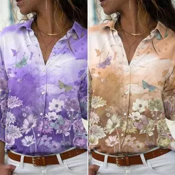 Женская повседневная рубашка с лацканами и длинным рукавом с цветочным принтом, топы, однобортная свободная рубашка для отдыха, уличная одежда XL синий
