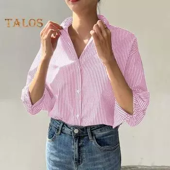 Женская повседневная рубашка с лацканами и длинным рукавом, рубашка в вертикальную полоску с принтом, однобортная, свободная посадка, офисная рубашка в расслабленном стиле XL королевский синий