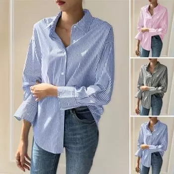 Женская повседневная рубашка с лацканами и длинным рукавом, рубашка с принтом в вертикальную полоску, свободная посадка, стильный офис XL королевский синий