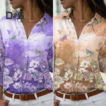 Женская повседневная рубашка с лацканами и длинным рукавом с цветочным принтом, топы, однобортная свободная рубашка для отдыха, уличная одежда XL синий
