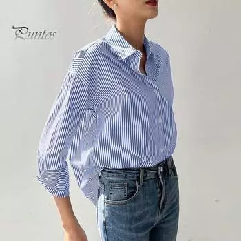 Женская повседневная рубашка с лацканами и длинным рукавом, рубашка в вертикальную полоску с принтом, однобортная, свободная посадка, офисная рубашка в расслабленном стиле XL королевский синий