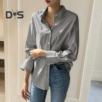 Женская повседневная рубашка с лацканами и длинным рукавом, рубашка в вертикальную полоску с принтом, однобортная, свободная посадка, офисная рубашка в расслабленном стиле XL королевский синий