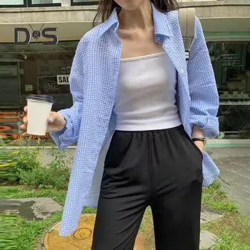 Женская повседневная рубашка с лацканами и длинным рукавом, базовая рубашка в повседневном стиле, рубашка средней длины с клетчатым принтом, топы, свободная рубашка XL розовый