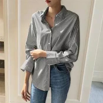 Женская повседневная рубашка с лацканами и длинным рукавом, рубашка в вертикальную полоску с принтом, однобортная, свободная посадка, офисная рубашка в расслабленном стиле XL королевский синий