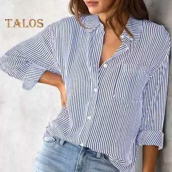 Женская повседневная рубашка с лацканами и длинными рукавами, рубашка с нагрудным карманом, топы, однобортные свободные топы с принтом в вертикальную полоску, уличная одежда S светло-синий