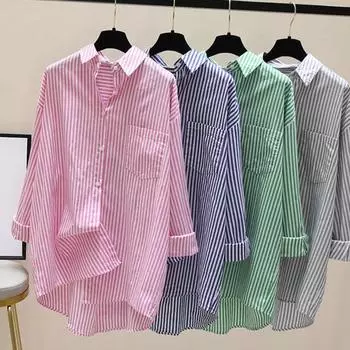 Женская повседневная рубашка с лацканами и длинными рукавами, рубашка с накладными карманами, однобортная рубашка в полоску с цветными блоками и принтом, уличная одежда S розовый