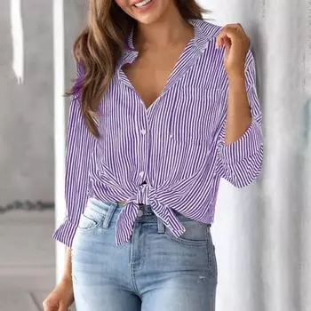 Женская повседневная рубашка с лацканами и длинными рукавами, рубашка с нагрудным карманом, топы, однобортные свободные топы с принтом в вертикальную полоску, уличная одежда S фиолетовый