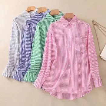 Женская повседневная рубашка с лацканами и длинными рукавами, рубашка с накладными карманами, однобортная рубашка в полоску с цветными блоками и принтом, уличная одежда S розовый