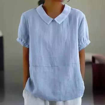 Женская повседневная рубашка с лацканами, летняя свободная хлопковая рубашка, льняной топ, однотонная повседневная женская дышащая рубашка с коротким рукавом M бежевый