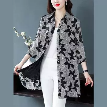 Женская повседневная рубашка с лацканами на пуговицах, свободная повседневная шифоновая рубашка с принтом, длинный рукав, кардиган M