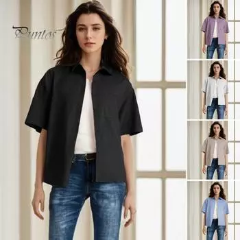 Женская повседневная рубашка с лацканами, однобортная рубашка с коротким рукавом, топы, однотонная рубашка свободного кроя с накладным карманом 3XL фиолетовый