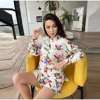 Женская повседневная рубашка с лацканами высокого класса, подходящая ко всему, повседневные шорты, костюм с принтом для женщин S белый