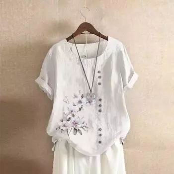 Женская повседневная рубашка с набивным рисунком, круглым вырезом и короткими рукавами S белый