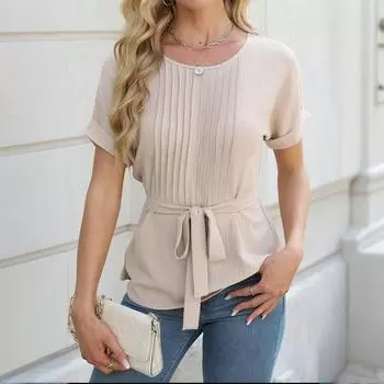 Женская повседневная рубашка с оборками и круглым вырезом, короткий рукав L бежевый
