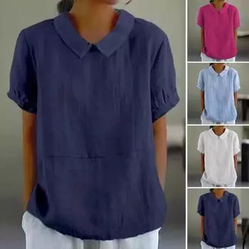 Женская повседневная рубашка с отложным воротником, короткий рукав, однотонная свободная футболка, летняя футболка, повседневная одежда S темно-синий