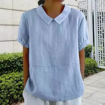 Женская повседневная рубашка с отложным воротником, короткий рукав, однотонная свободная футболка, летняя футболка, повседневная одежда S светло-синий