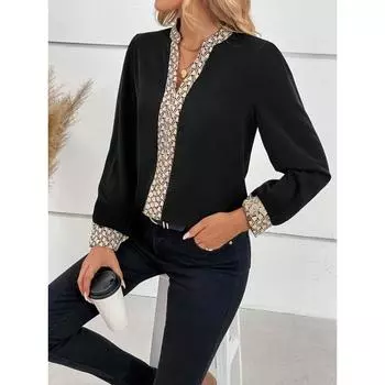 Женская повседневная рубашка с принтом и V-образным вырезом, топ с длинными рукавами S чёрный