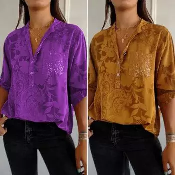 Женская повседневная рубашка с пуговицами на лацканах, полупланка, свернутая рубашка с длинными рукавами, топы для поездок на работу, стильные топы с принтом для работы, путешествий, вечеринок M темно-синий