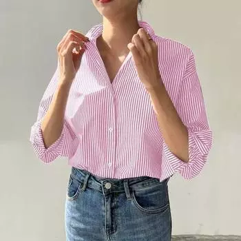 Женская повседневная рубашка с рукавами в вертикальную однобортную полосатую рубашку с принтом, длинная свободная посадка с лацканами, офисный стиль в расслабленном стиле XL королевский синий