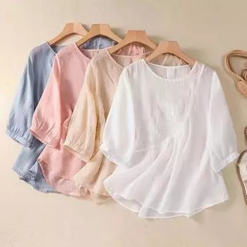 Женская повседневная рубашка с рукавом три четверти, асимметричный подол, вышитый цветочный узор, круглый вырез, однотонный топ M белый