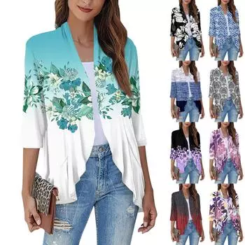 Женская повседневная рубашка с укороченными рукавами и принтом, топ, мягкая драпировка, кардиган с рюшами XXXL зелёный