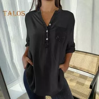 Женская повседневная рубашка с v-образным вырезом и пуговицами, вырез с длинным рукавом и блестками, пуловеры, топы, однотонные накладные карманы, свободные топы средней длины 3XL чёрный