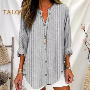 Женская повседневная рубашка с v-образным вырезом и длинным рукавом, рубашка в вертикальную полоску с принтом, однобортная рубашка свободного покроя, топы, уличная одежда S синий