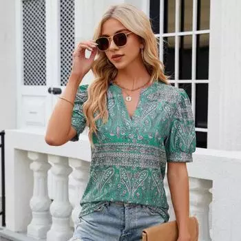 Женская повседневная рубашка с v-образным вырезом и коротким рукавом, футболка свободного кроя с графическим принтом, топы, топы для отдыха, вечеринки, клуба, уличная одежда 2XL зелёный