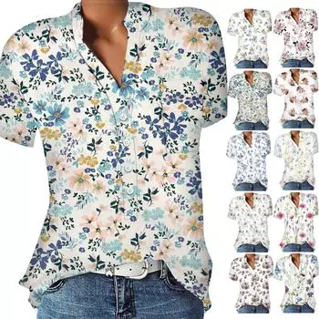 Женская повседневная рубашка с v-образным вырезом и короткими рукавами с принтом, пуловер, свободная блузка, топы L синий