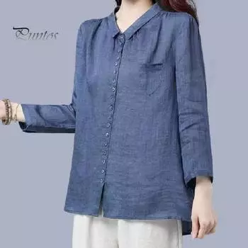 Женская повседневная рубашка с v-образным вырезом и лацканами, рубашка с длинным рукавом, однотонная, однобортная, свободная рубашка с карманом 2XL синий