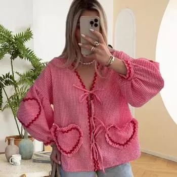 Женская повседневная рубашка с v-образным вырезом, топ с длинными рукавами и клетчатым принтом в виде сердца M красный
