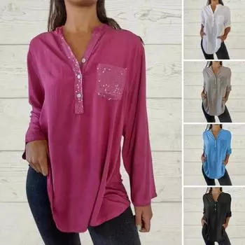 Женская повседневная рубашка с v-образным вырезом и пуговицами, вырез с длинным рукавом и блестками, пуловеры, топы, однотонные накладные карманы, свободные топы средней длины 3XL чёрный