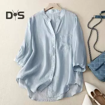 Женская повседневная рубашка с v-образным вырезом и рукавами 3/4, однотонная рубашка, топы, однобортный свободный крой, тонкий вечерние повседневный топ 2XL светло-синий
