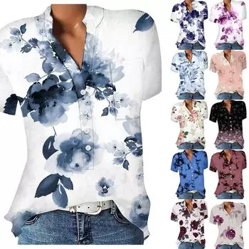 Женская повседневная рубашка с v-образным вырезом и короткими рукавами с принтом, пуловер, свободная блузка, топы XL синий