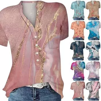 Женская повседневная рубашка с v-образным вырезом и короткими рукавами с принтом, пуловер, свободная блузка, топы L синий