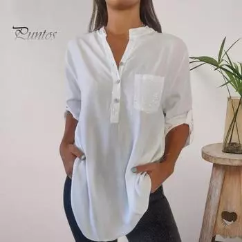 Женская повседневная рубашка с v-образным вырезом и пуговицами, вырез с длинным рукавом и блестками, пуловеры, топы, однотонные накладные карманы, свободные топы средней длины 3XL чёрный