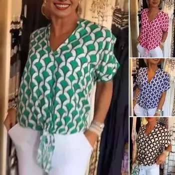 Женская повседневная рубашка с v-образным вырезом и воротником-стойкой, пуловер с короткими рукавами, топы с принтом, свободная блузка на шнуровке, топ миди длины L коричневый