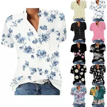 Женская повседневная рубашка с v-образным вырезом и короткими рукавами с принтом, пуловер, свободная блузка, топы L бежевый