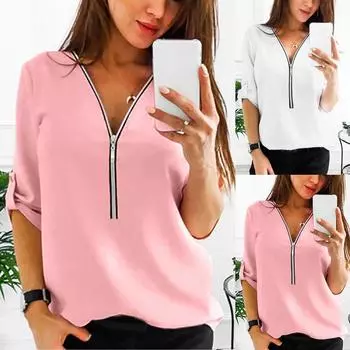 Женская повседневная рубашка с V-образным вырезом и длинным рукавом, застежка-молния спереди, свободная блузка XXXL розовый