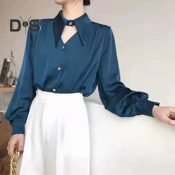 Женская повседневная рубашка с V-образным вырезом и лацканами, однобортная, с длинным рукавом, гладкая, атласная, свободная, тонкая рубашка, топы, уличная одежда M синий
