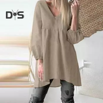 Женская повседневная рубашка с v-образным вырезом, плиссированный топ-фонарь с длинными рукавами, однотонный свободный крой, пуловер средней длины, уличная одежда L чёрный