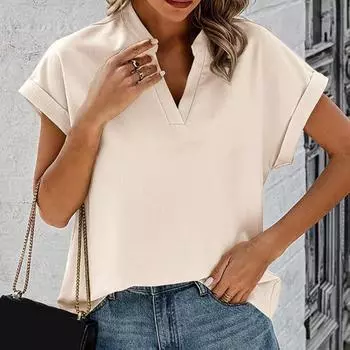 Женская повседневная рубашка с v-образным вырезом и коротким рукавом, свободный пуловер, топы, офисная женская простая блузка, рабочая одежда M темно-коричневого