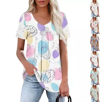 Женская повседневная рубашка с V-образным вырезом и короткими рукавами, с плиссированным пасхальным принтом на груди XXL